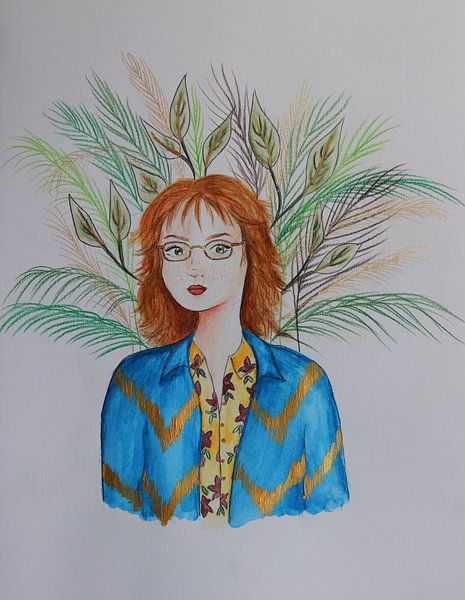 Porträt einer rothaarigen Frau mit Blättern von Iris Kelly Kuntkes