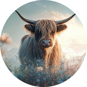 Veld vol bloemen en een nieuwsgierige hooglander van Digitale Schilderijen