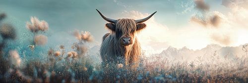 Veld vol bloemen en een nieuwsgierige hooglander