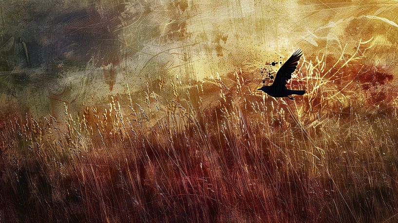 Fliegender Vogel über sonnigem Feld von Frank Heinz