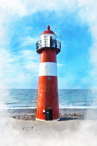 Watercolour painting of lighthouse on dike at Westkapelle, Zeeland