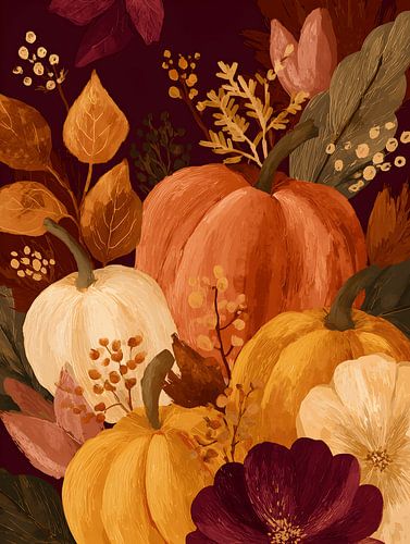 Pompoenen en Bloemen in Warme Herfsttinten
