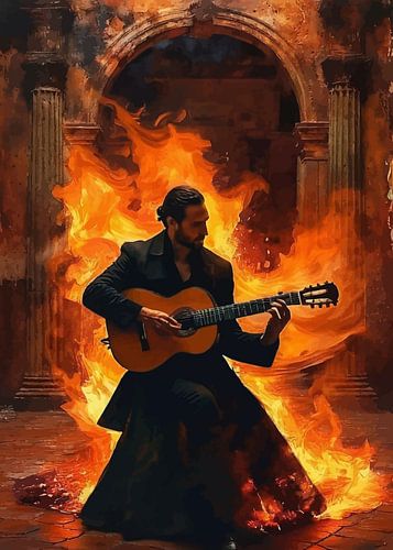 Man die klassieke gitaar speelt Abstract vuur