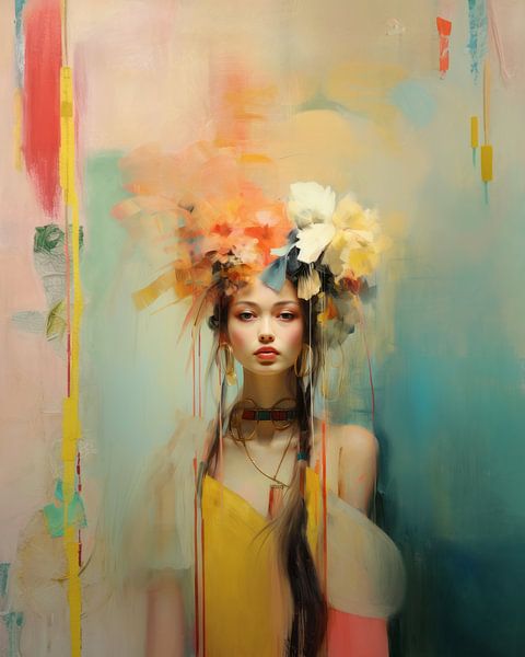 Kleurrijk portret, abstract gecombineerd met realisme van Carla Van Iersel