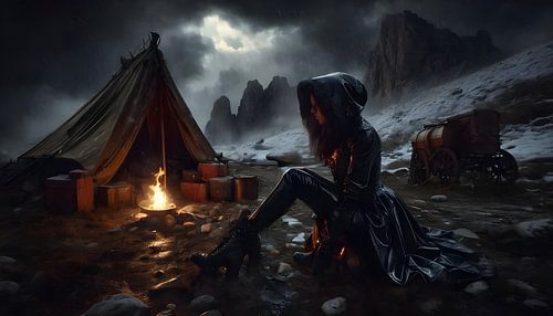 Lone gypsy woman camped in front of a mountain crossing