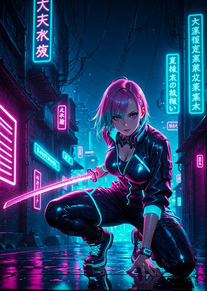 Cyberpunk Straße Samurai Girl Anime Japan von Ruzerin