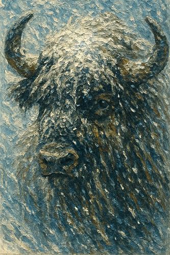 Buffalo in the blizzard (powerful winter head horns thick coat prehistoric wilderness painting)