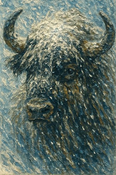 Buffalo in the blizzard (powerful winter head horns thick coat prehistoric wilderness painting) by Natalie Bruns