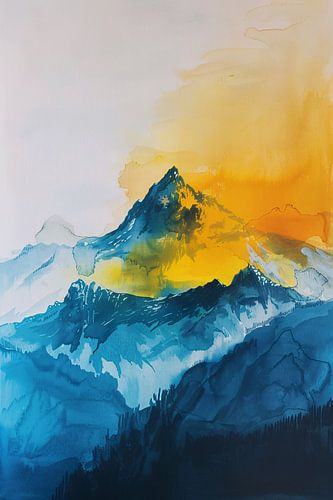 Abstracte aquarel van bergen en zon