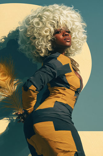 Modern minimalistisch portret van een vrouw met afro in okergeel en donkergroen