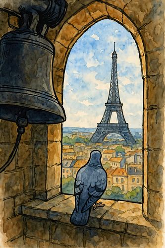 Duif in gotische klokkentoren met uitzicht Eiffeltoren (AI) (kerkklok, skyline, Parijs, aquarel, schilderij, Frankrijk, stadgezicht, raam)