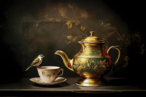 Klassiek Stilleven schilderij: Vogeltje op kop en schotel