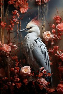 Vogel omringt met bloemen van Digitale Schilderijen