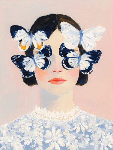 Portrait rêveur d'une femme avec des papillons sur le visage dans des couleurs pastel douces.