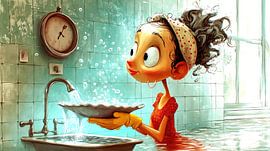 Housewife washes dishes by Frank Heinz
