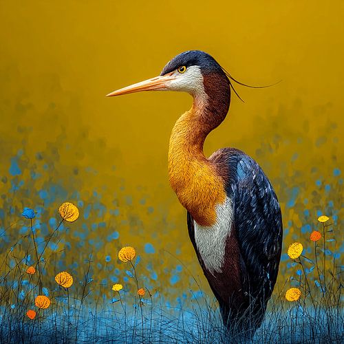 Colourful Heron in Field of Flowers | Elegant Beauty