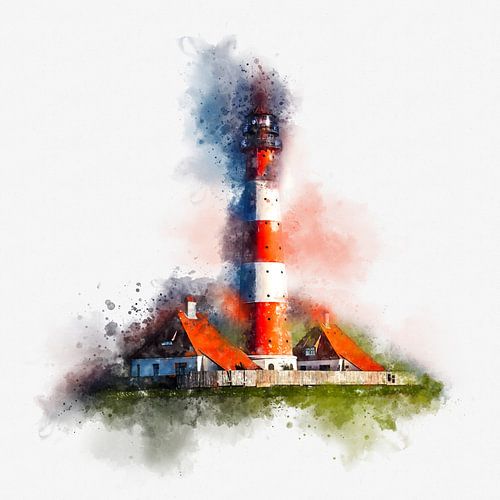 Lighthouse in Colorful Watercolor - Westerhever North Sea