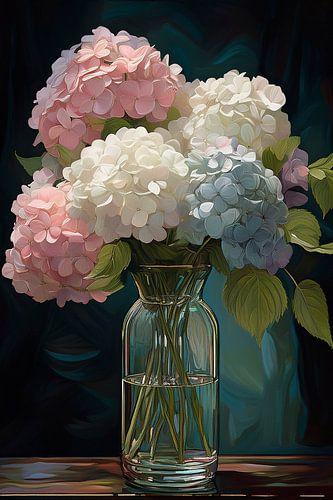 Bouquet of hydrangea's in glass vase