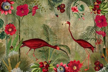 Vintage flamingo's in de jungle van het tropisch regenwoud van Floral Abstractions