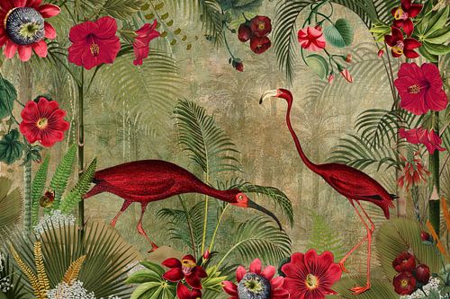 Flamants roses vintage dans la jungle tropicale