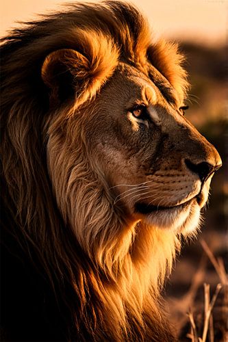 Leeuw in gouden zonsondergang