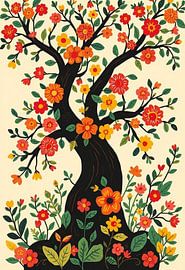 Whimsical Folk Art Tree of Life with Vibrant Flowers by Artistic