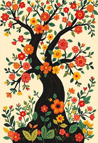 Whimsical Folk Art Tree of Life with Vibrant Flowers