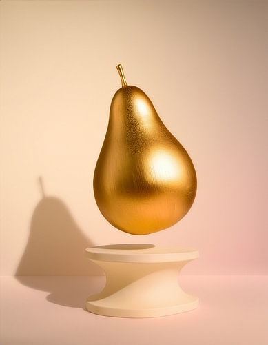 Surreale goldene Birne, die auf einem skulpturalen Sockel aus Elfenbein schwebt