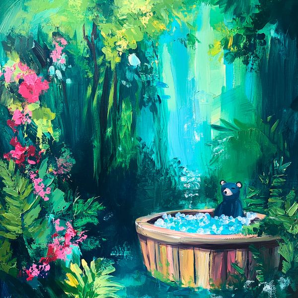 Bär im Natur-Badefass entspannen von Poster Art Shop