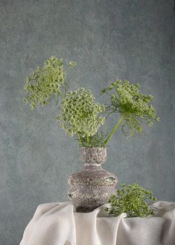 Stilleven, Fluitenkruid (Anthriscus sylvestris) in antique vaasje