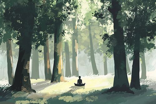 Meditatie in het bos bij zonsopgang