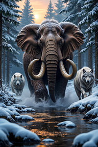 Fantasy Art Wandbild: VARGOMIR - Ein Mammut marschiert durch den Wald begleitet von zwei Wölfen