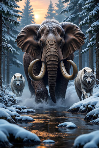 Fantasy Art Wandbild: VARGOMIR - Ein Mammut marschiert durch den Wald begleitet von zwei Wölfen