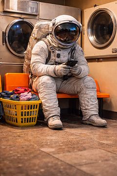 Cosmic Laundry Break – Astronaut Waiting in a Retro Laundromat by Dodik Hariyono