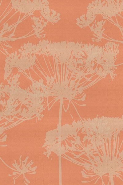 Retro botanical flowers in peach on coral by Dina Dankers