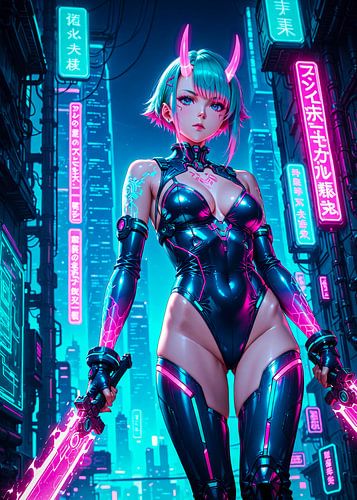 Anime Samurai Oni Girl Cyberpunk Style