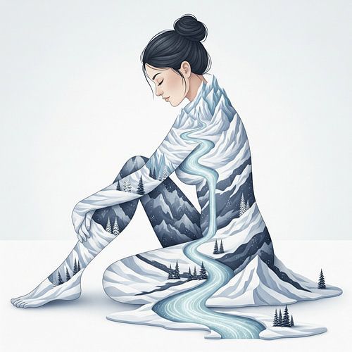 Mystical woman embodying snow mountain landscape