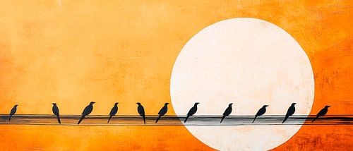 Vogels in silhouet voor de zonsondergang