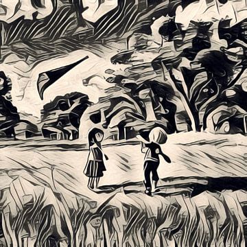 Ink art - jongen en meisje met vlieger in beige zwart van Emiel de Lange