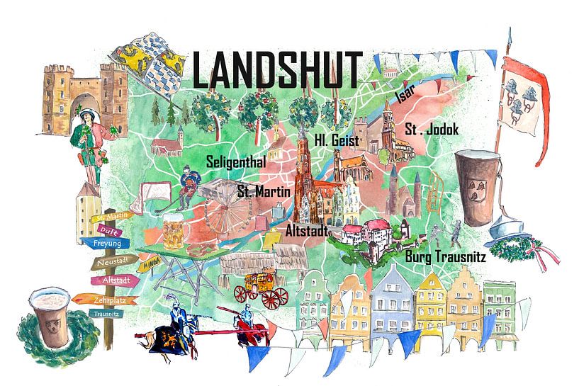 Landshut Illustrated Map with Streets and Tourist Highlights by Markus Bleichner
