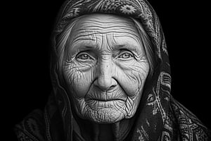 Porträt einer alten Frau mit schwarzen Hintergrund, Schwarzweißfotografie