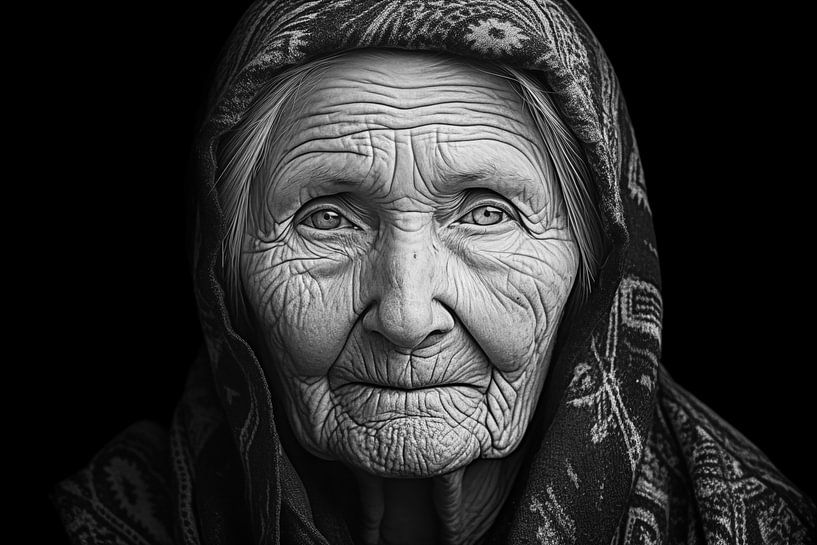 Porträt einer alten Frau mit schwarzen Hintergrund, Schwarzweißfotografie von Animaflora PicsStock