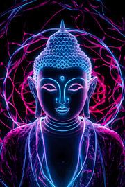 Neon-Buddha mit psychedelischen Farben und Heiligenschein von Art & Soul Creations