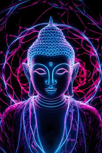 Bouddha en néon avec couleurs psychédéliques et halo