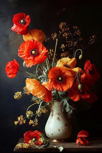 Stilleven van Vurige Klaprozen in Porselein no.4