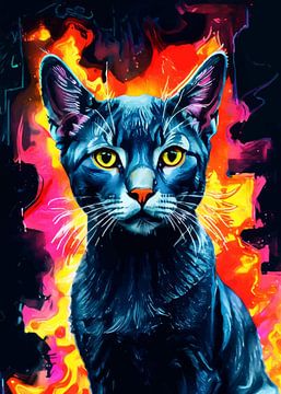 Russische blauwe kat neon aquarelschilderij – elegante katachtige wanddecoratie