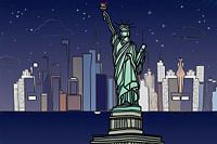Manhattan met Vrijheidsbeeld nacht
