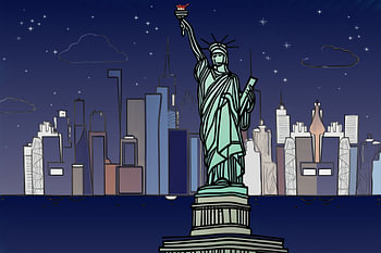 Manhattan mit Freiheitsstatue bei Nacht