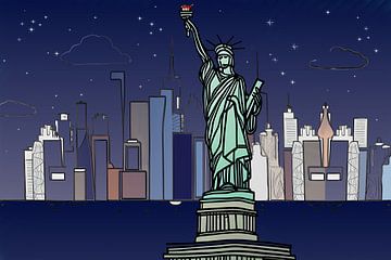 Manhattan met Vrijheidsbeeld nacht van Harmanna Digital Art