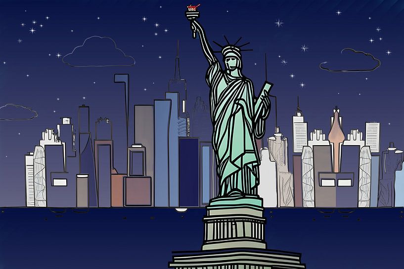 Manhattan avec la Statue de la Liberté de nuit par Harmanna Digital Art